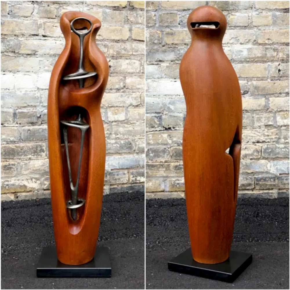 Teak and metal sculpture - signed G. Chamberlain