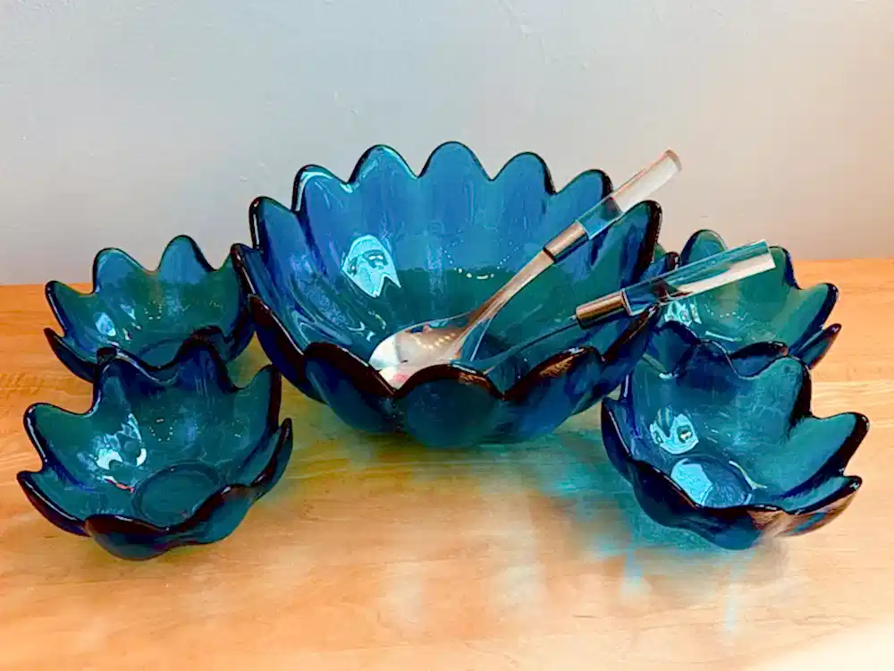 Blenko Glass Lotus salad set - blue